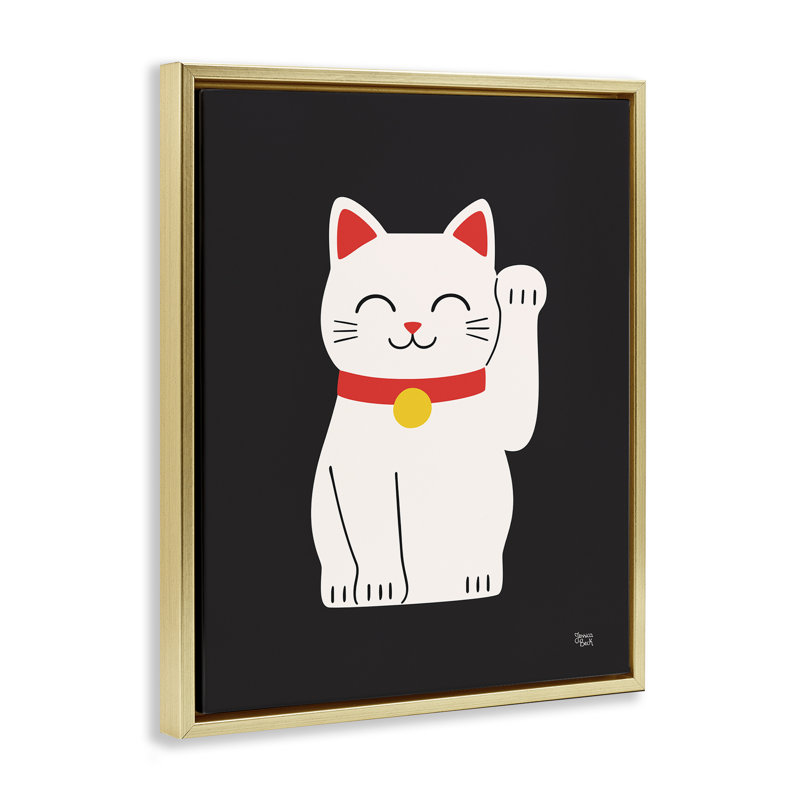 «Maneki Neko Lucky Cat», art mural encadré flottant par Jessica Beck, Cadre flottant métallique doré, H 31 po x l 25 po