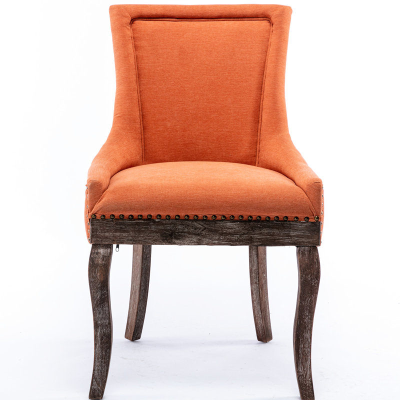 Chaise de salle à manger latérale de 2 personnes, chaise en tissu épaissi orange, conception cloutée en bronze, base en bois massif, 22,4 po Profondeur, poids du colis de 38,5 lb, largeur de 22,4 lb, 2 pièces, tissu, pieds, tête,