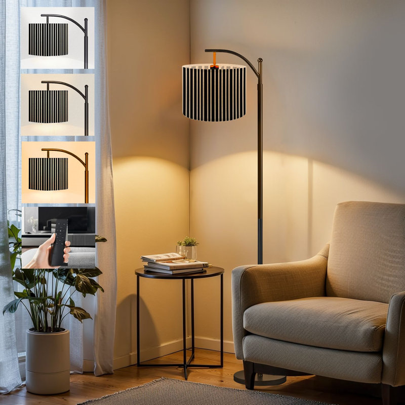  Arc Floor Lamp Striped black white Tall Modern Standing Lamp LED Adjustable Linen Lampshade 3 Color Temperatures