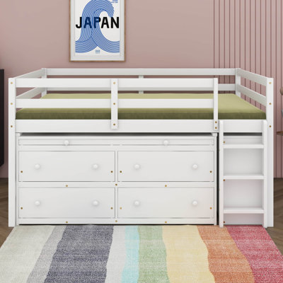 Full Size Loft Bed With Retractable Writing Desk And 4 Drawers, Wooden Loft Bed Frame With Shelves, Low Loft Bed For Kids