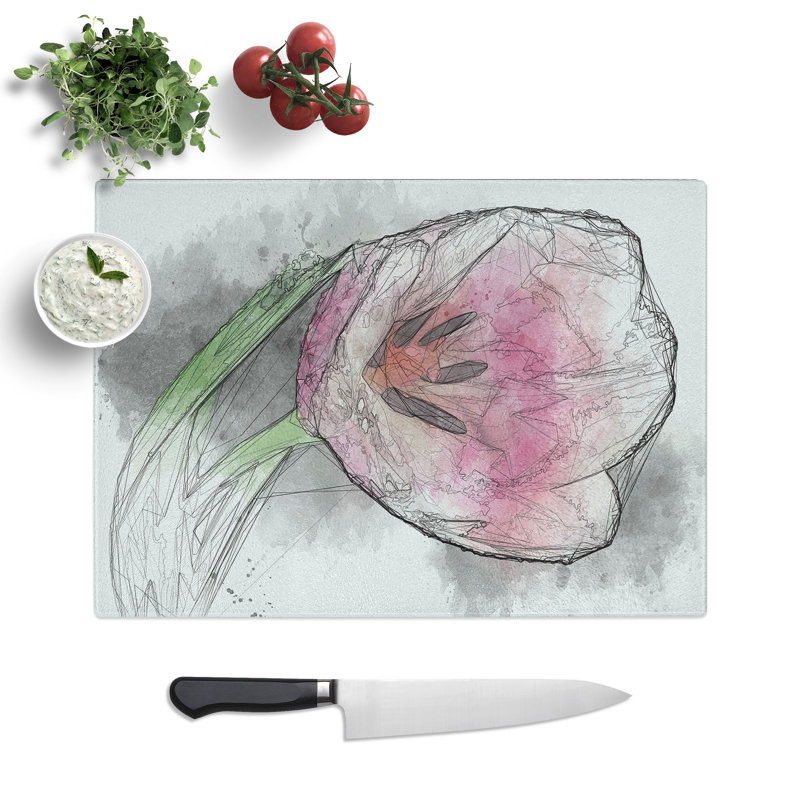 Tempered Glass Pink Tulip Chopping Board, 28.5 cm x 39 cm