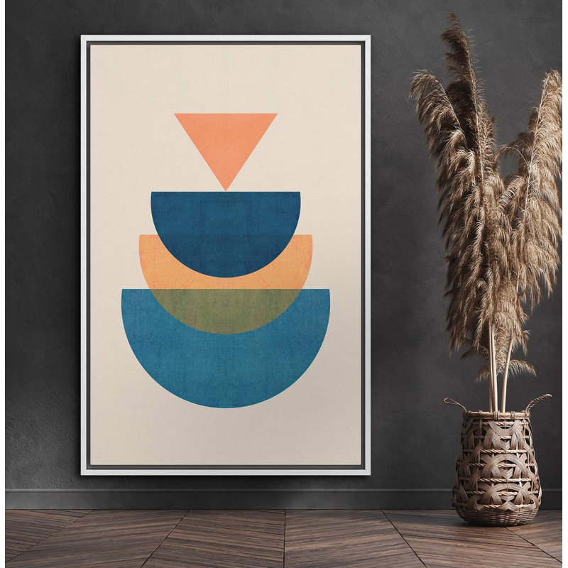 Forme Mid-Century orange, bleu triangle bleu marine, demi-cercles géométriques, Blanc, H 24 po x l 16 po x P 1,5 po