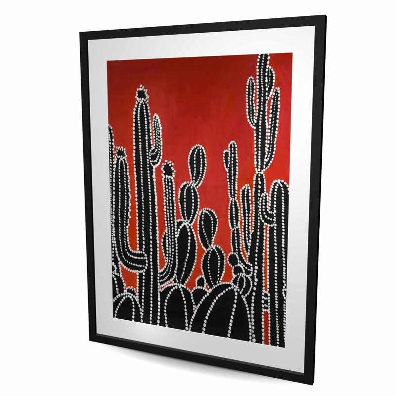 Cactus haut noir - reproduction encadrée rétro mat pour la décoration intérieure, H 48 po x l 36 po, Noir