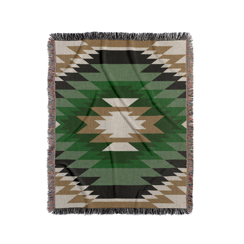 Jeté en mélange de coton Zio South Western, L 80 po x l 60 po, Vert / blanc cassé / or terne