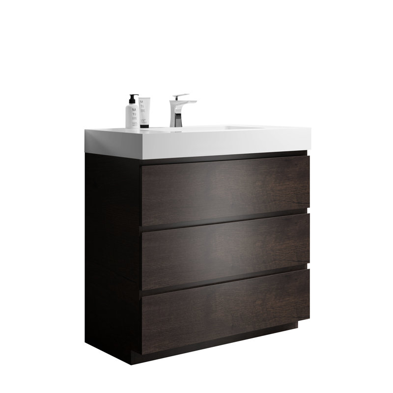 Meuble-lavabo de salle de bain 36 po - Noyer, lavabo blanc, rangement colossal, lavabo d'installation élégant et moderne, fusion de finition, pièce clé