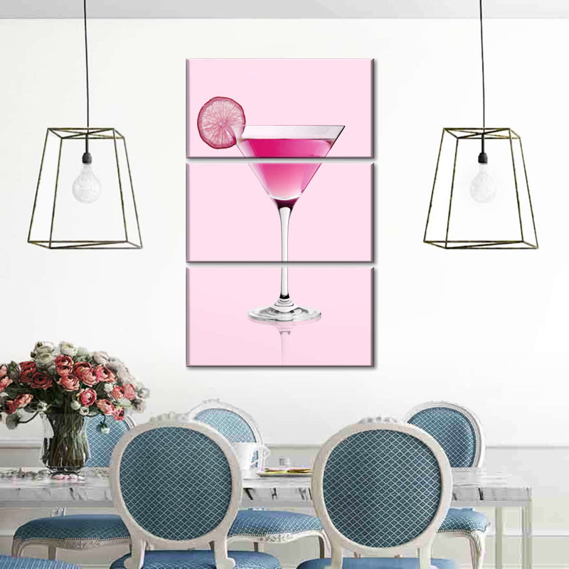 Cocktail rose martini sur toile, 3 pièces, H 38 po x l 24 po x P 1,25 po