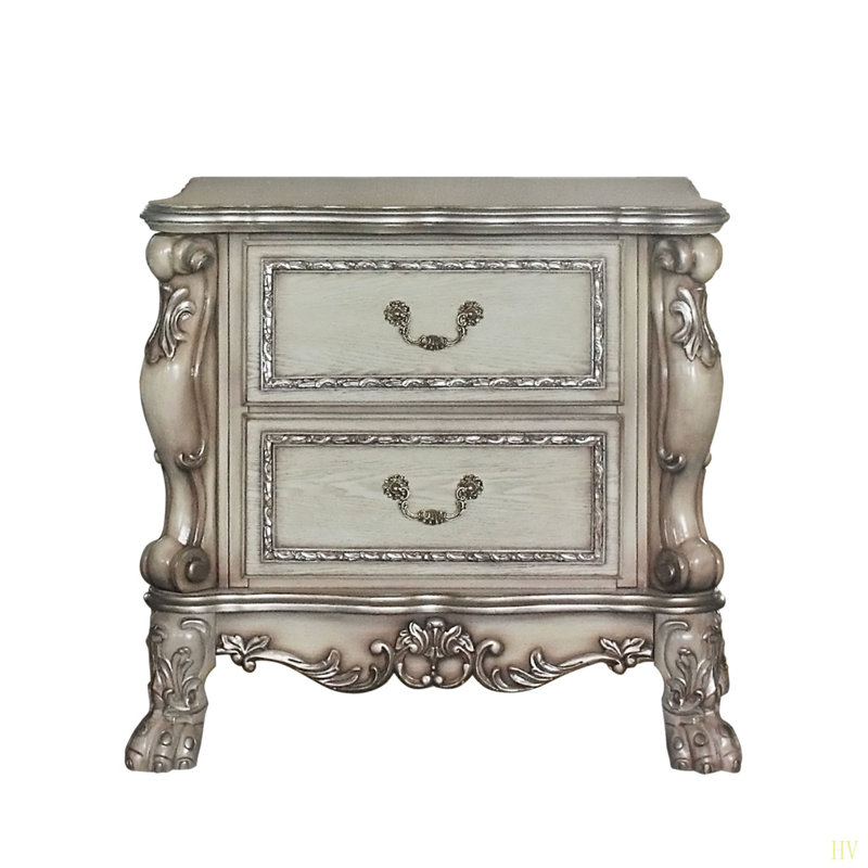 Traditional Elegant Nightstand With 2 Drawers Vintage Bone Wooden Luxury Bedroom Furniture 1Pc, White