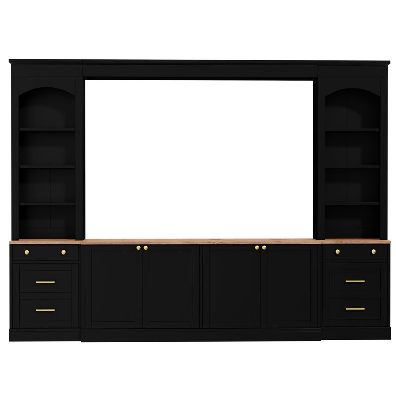 Console média arquée noire, meuble télé 106 pouces et unité de divertissement, rangement polyvalent avec tablettes ouvertes à grain de bois à ouverture lisse, fonctionnel pour le salon, bien conçu
