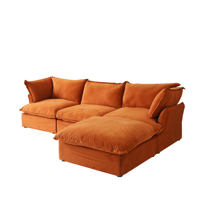 Fairford 4-Piece Upholstered Modern Corduroy Fabric Sectional Sofa With Ottomanl, Orange Velvet