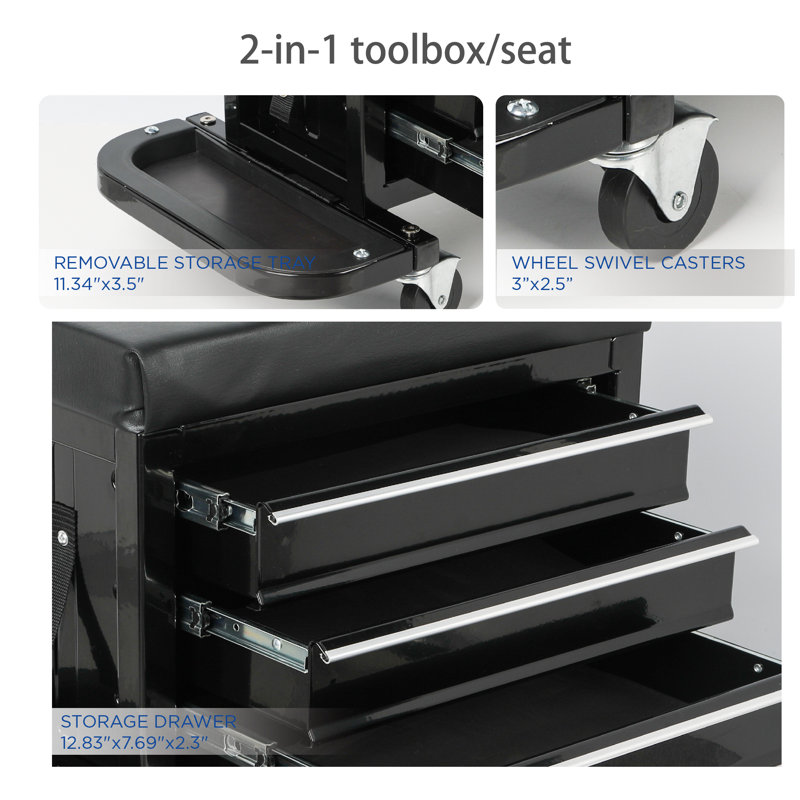 Boîte à outils 3 tiroirs avec siège mécanique roulant et plateau à outils, noir.