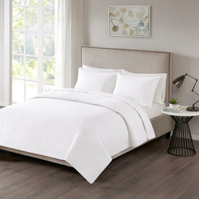 Courtepointe pour grand lit 3 pièces réversible en blanc - à carreaux, rembourrage, lavable et facile à vérifier