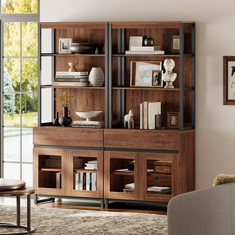 2 PCS Modern 72" Tall Bookcase With 2 Drawers And Open Book Shelfs, Library Book Shelf With Storage Cabinet And Glass Doors, Wood Freestanding Bookshelves For Home Office, Living Room, Brown