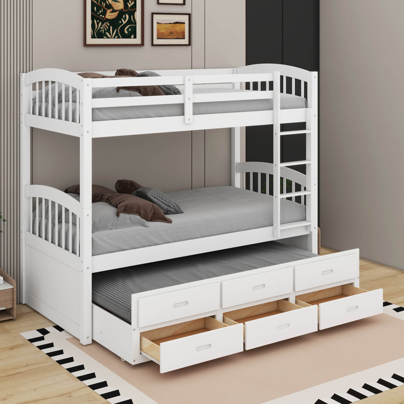 Twin Over Twin Wood Bunk Bed With Trundle And Drawers, White