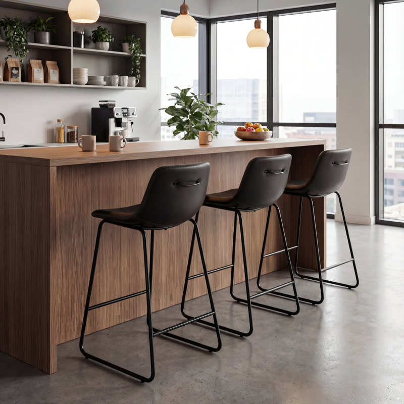 Modern Faux Leather Counter Stool With Low Back Sled Base Footrest, Counter Stool (26” Seat Height), Black