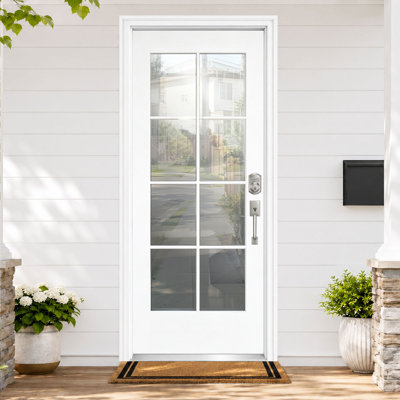 Porte d'entrée apprêtée de 81 cm x 203 cm avec vitrage à faible émissivité à 8 carreaux, ouverture vers l'intérieur à gauche, modèle démontable, cadre en vinyle de 11,6 cm et moulure de brique