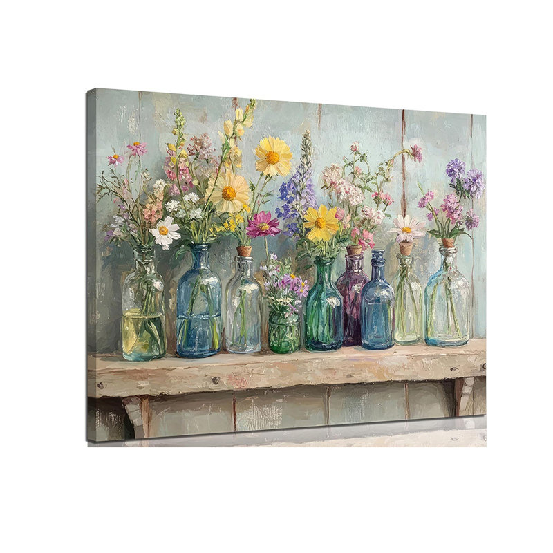 Flower Canvas Wall Art Wildflowers Glass Bottles Wall Decor Rustic Plants Flowers Poster Print Artwork For Bathroom Living Room Bedroom Study Room Home Decoration