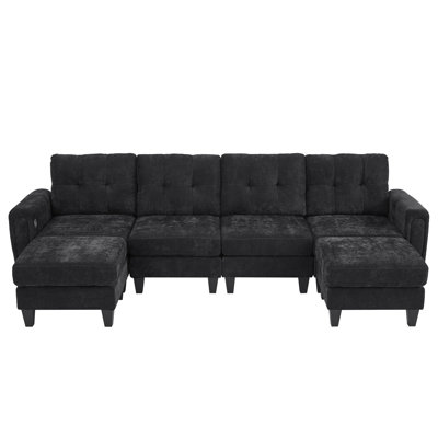 Modern Sectional Sofa 115" U-Shaped Sofa Upholstered Sofa Couch With Two Movable Ottomans, USB Ports And Side Tables For Living Room