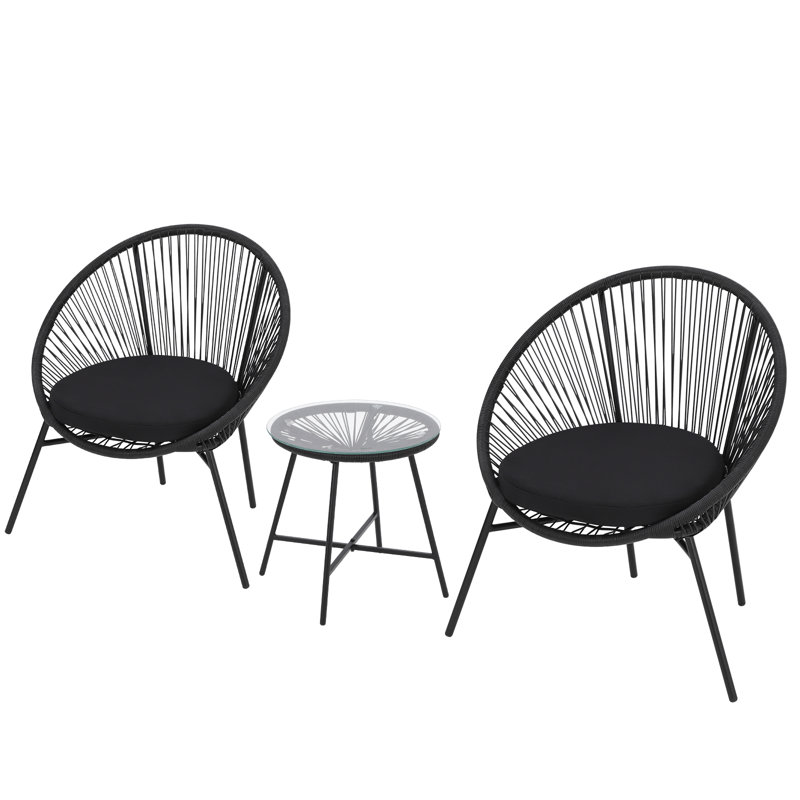 3-Piece Acapulco Patio Set – All-Weather Woven Chairs & Tempered Glass Table for Balcony/Deck, Black, Black, Black