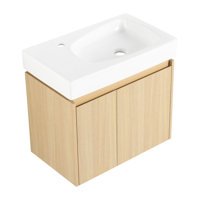 Meuble-lavabo de salle de bain 24 po avec lavabo en céramique mural 24 po, armoire de rangement en bois à double porte, chêne contemporain 24 po pour salle de bain,
