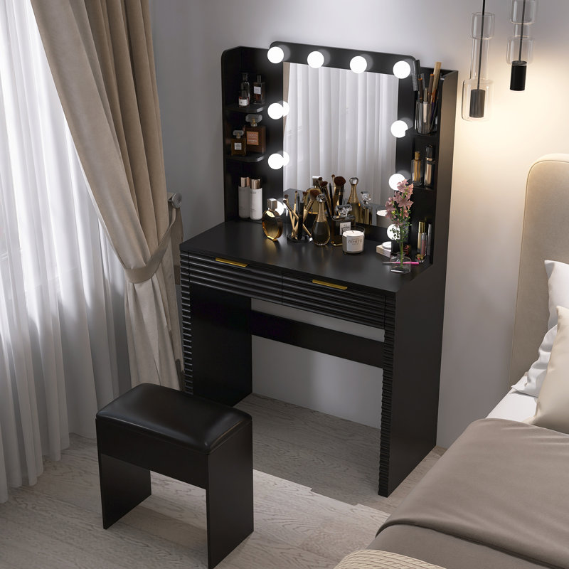 Meuble-lavabo noir avec lumières Hollywood, coiffeuse avec station de charge, tiroirs, tablettes et tabouret de rangement | Idée de cadeau