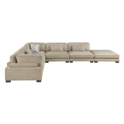 Brown Contemporary 6-Piece Modular Sectional w Ottoman Plush Comfortable Pillows Upholstered Solid Wood Living Room Furniture