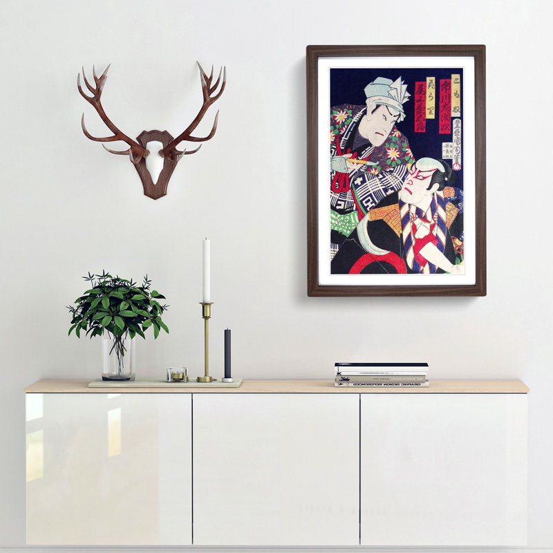 Two Actors by Toyohara Kunichika - Picture Frame Painting Print, 48cm H x 36cm W x 2cm D, Walnut Framed