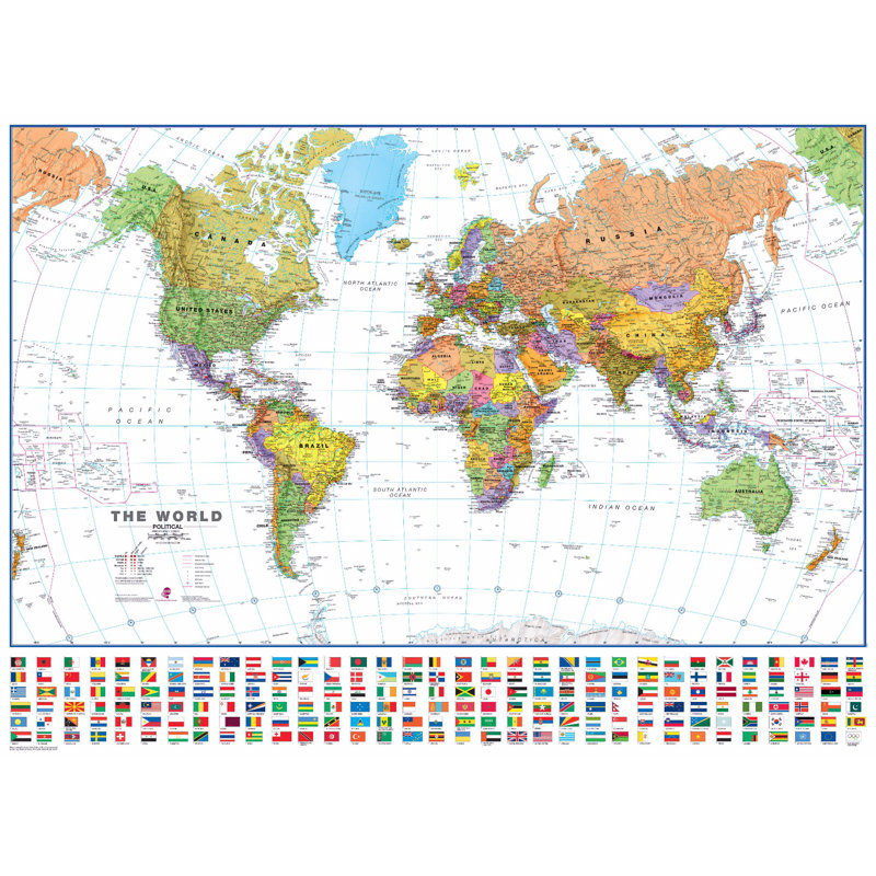 Large World Wall Map Political With Flags White Ocean - No Frame Print, 116.5cm H x 159cm W x 0.5cm D