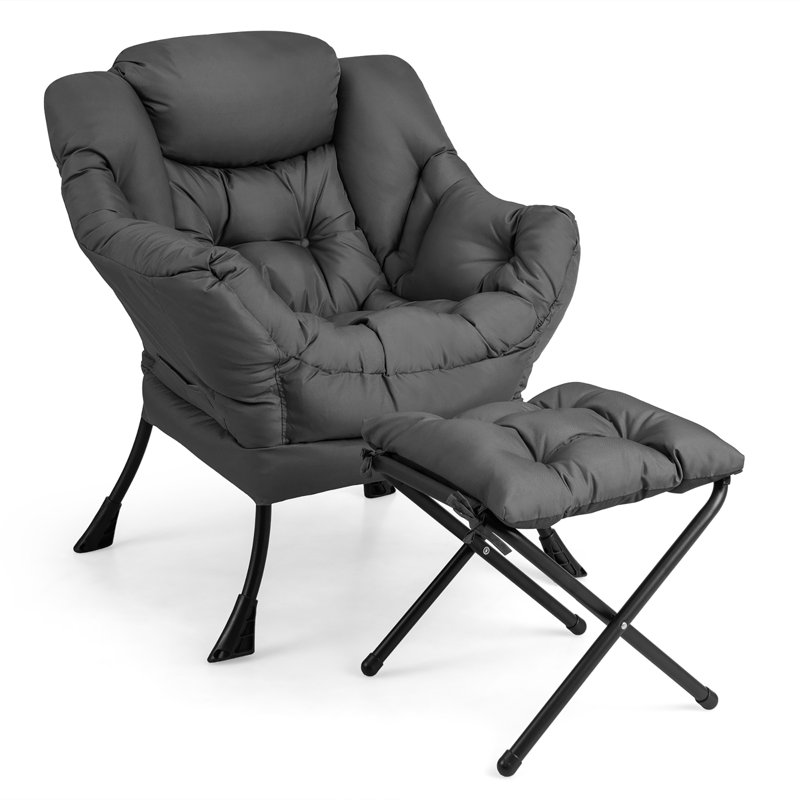 Mumtas Upholstered Armchair with Ottoman, Gray Polyester Blend