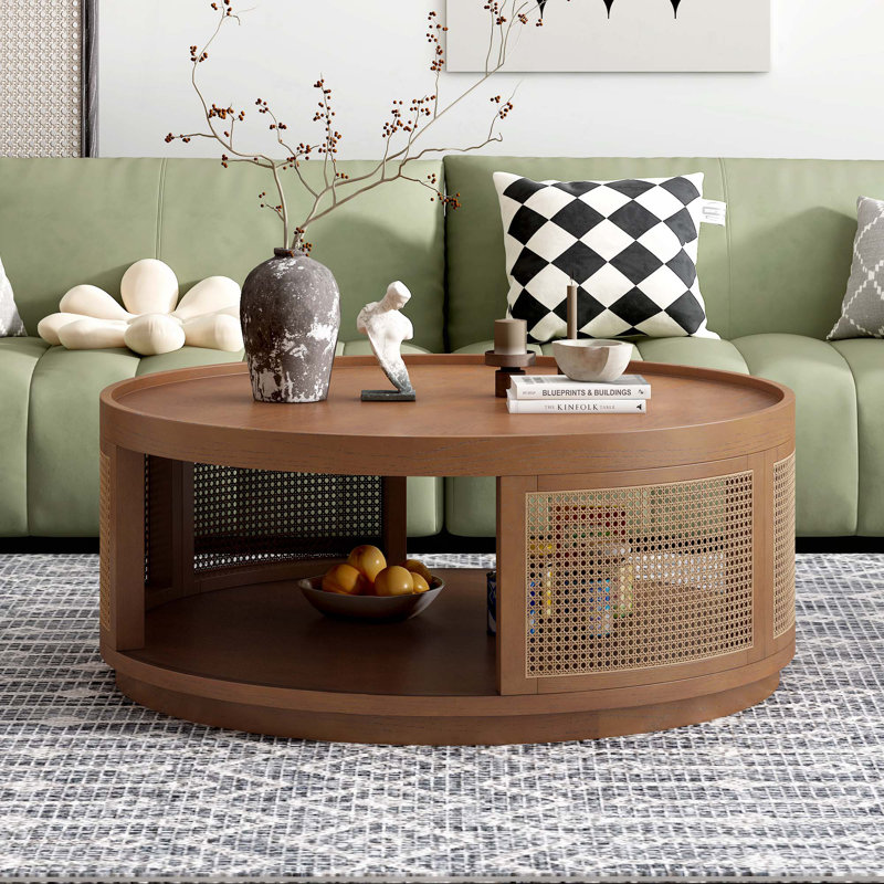 Table basse en bois de style Mid-Century moderne, table basse ronde en canne avec côté en rotin PE pour le salon