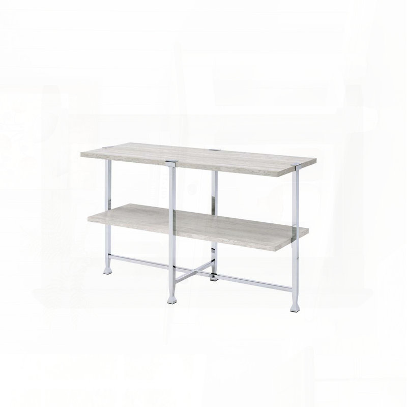 Half Moon Sofa Table with Open Compartment and X-Shape Support – White Oak & Chrome