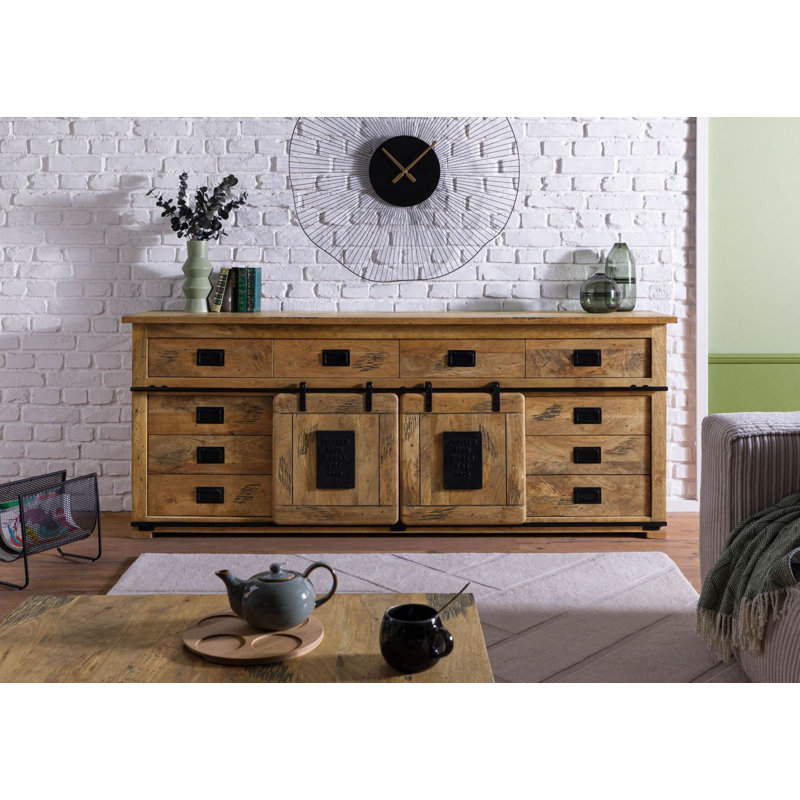 Railway 220cm Solid Wood Sideboard, Natural Varnish