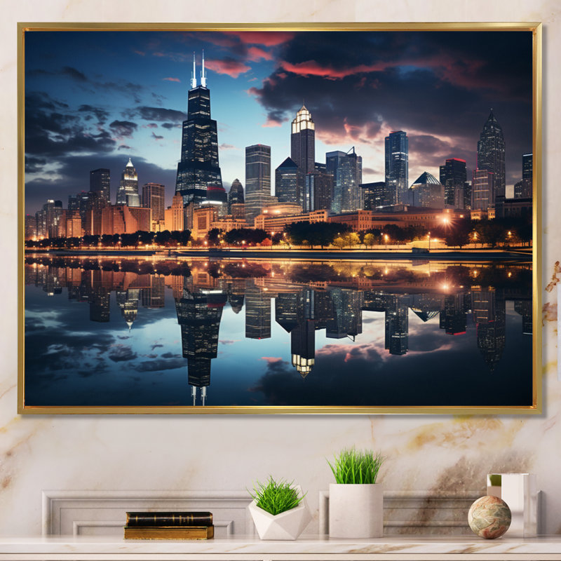 Chicago, beau paysage urbain II - art mural Chicago, Reproduction avec cadre flottant, H 12 po x l 20 po, Doré