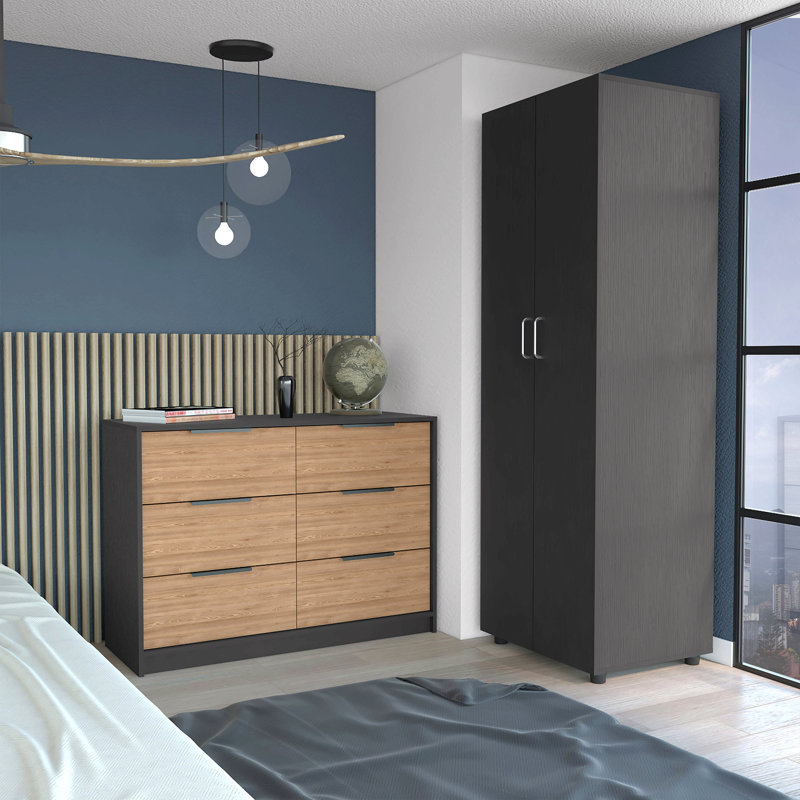 Ensemble de chambre à coucher 2 pièces, armoire + commode 4 tiroirs, noir / pin