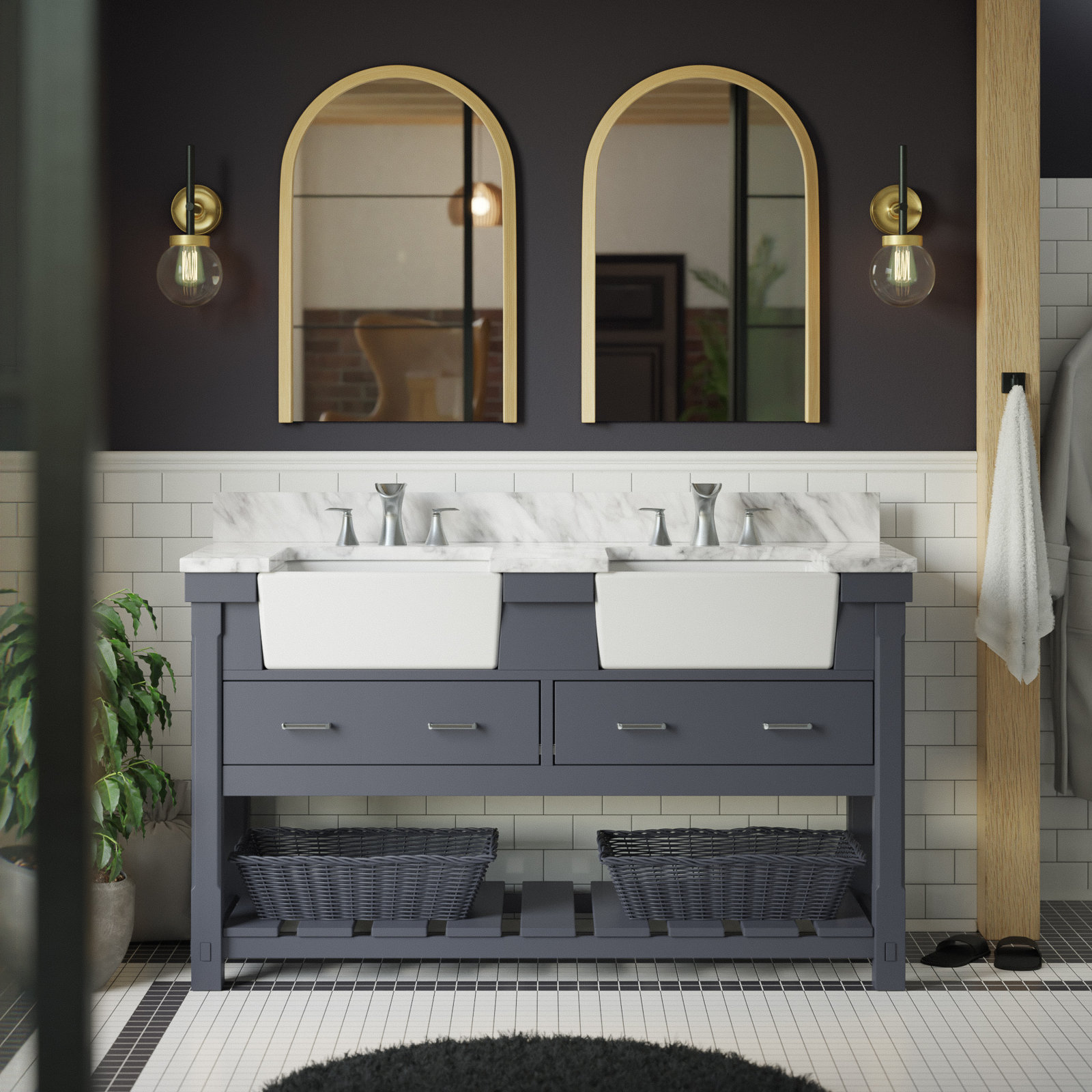 Hitton 60'' Double Bathroom Vanity, Carrara Marble, Marine Gray