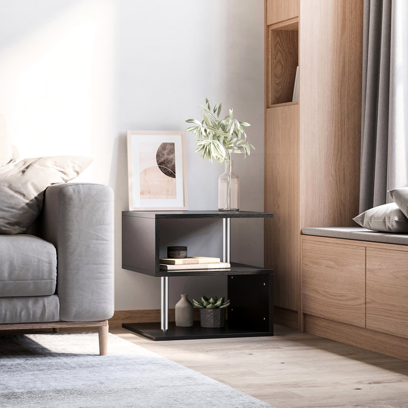 Table de bout noire de 20 po avec rangement, design moderne en forme de S, attrait élégant en acier, support durable