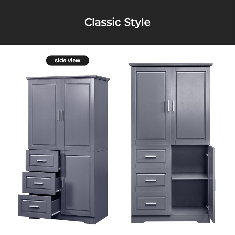 Tall And Wide Storage Cabinet With Doors For Bathroom/Office, Three Drawers, Grey