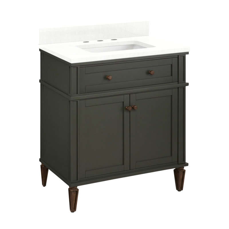 30" Elmdale Vanity for Rectangular Undermount Sink, Dark Olive Green, Feathered White Quartz, 8" Centers