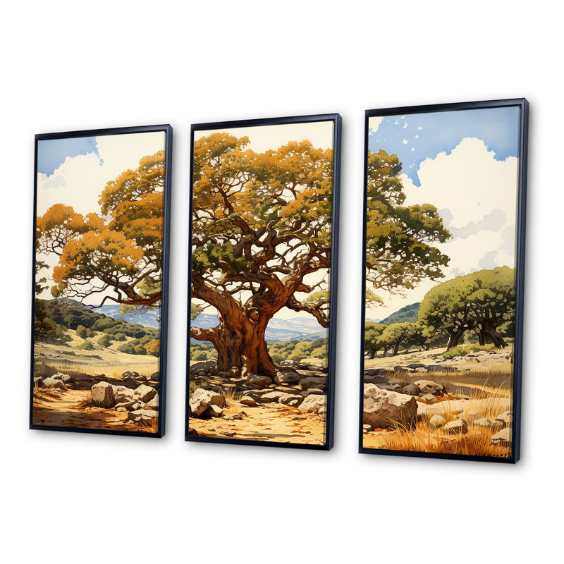 Tree Oaks Simplicity - ensemble de reproduction d'art mural chêne, H 28 po x l 36 po x P 1 po, Cadre flottant noir
