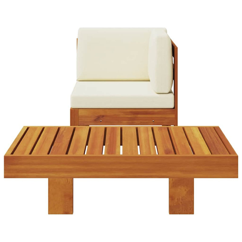 Ensemble de chaise de coin et de table basse 2 pièces, bois brun à lattes, crème