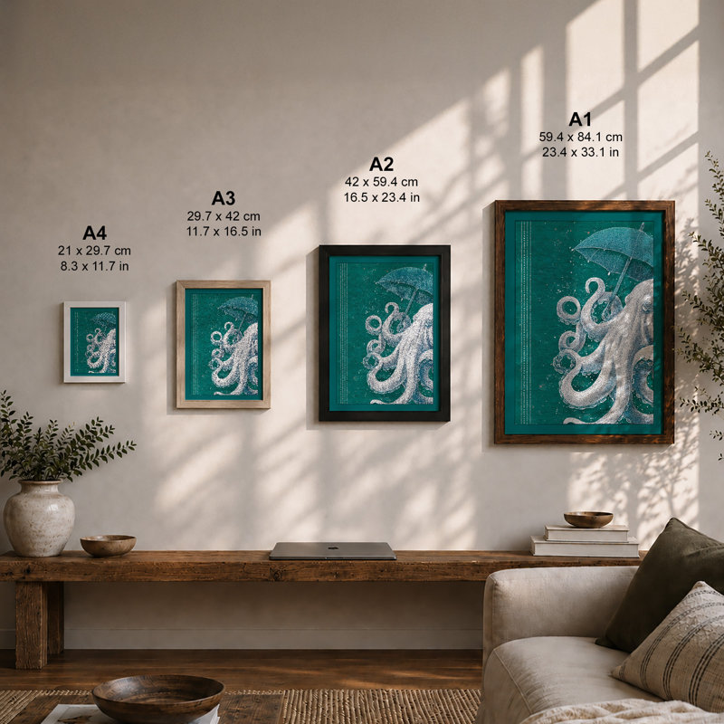 Octopus Under Umbrella Coastal - Print, A1 - 84.1 x 59.4 cm, Oak