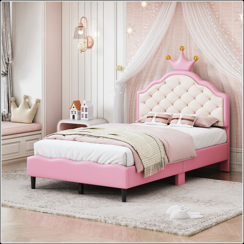 Twin Size Lovely Crown Fantasy PU Leather Princess Bed With Elegant Tufted Headboard, Pink And Cream, Twin