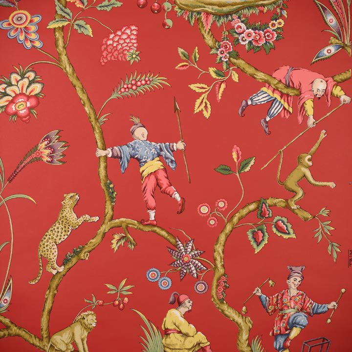 Chinoise Exotique Floral Wallpaper Roll, Tomato