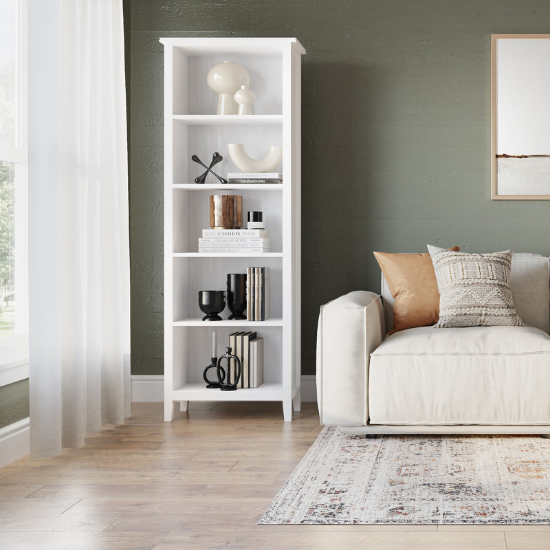 Artisan 72"H Solid Wood Contemporary 5-Shelf Tall Bookcase with Adjustable Shelves and Decorative Side Panels, White