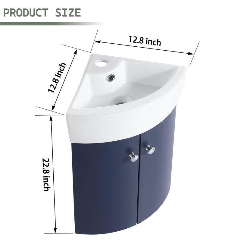 16"Corner Bathroom Vanity, Single Wall-Mounted Bathroom Cabinet with Ceramic Top
