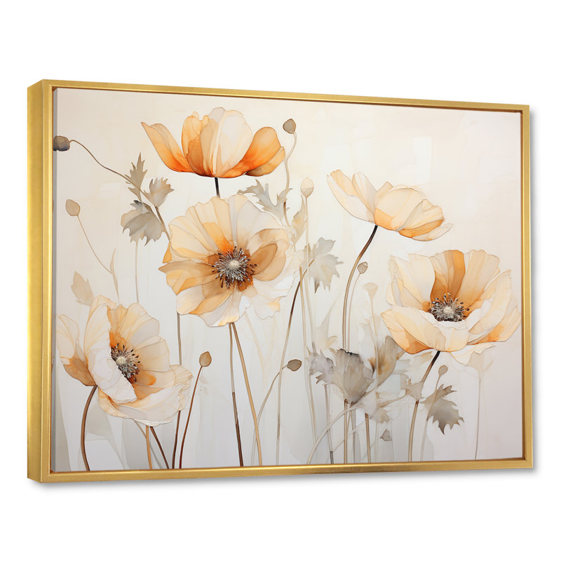 Beige Poppy Meadow Melody V, Cadre flottant doré, H 34 po x l 44 po x P 1,5 po