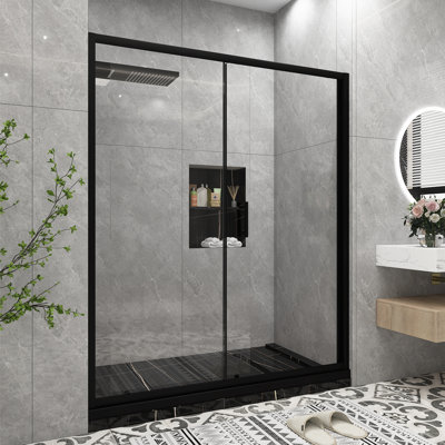 Porte de douche coulissante simple noire l 60 po x H 72 po, porte de douche en verre trempé transparent épais de 1/5 po avec poignée en acier inoxydable