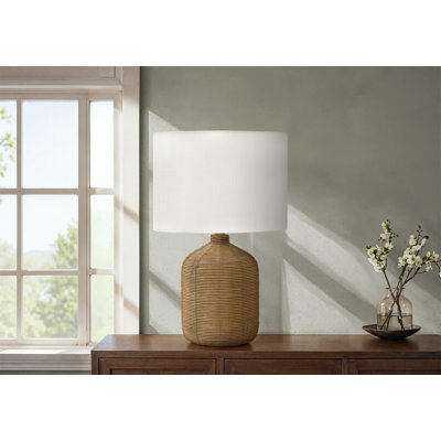 Lighting, H 23 po, lampe de table, rotin brun, abat-jour beige, moderne