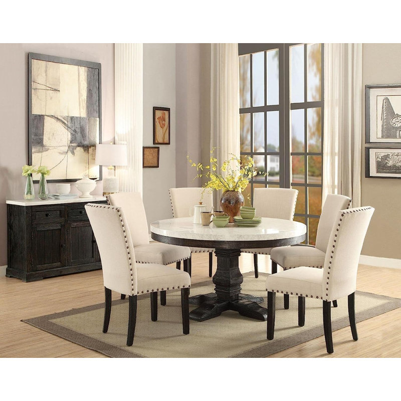 Kyeann 7-ps Casual Dining Table Set Include 1 Dining Table, 6 Side Chairs, 7-person Marble Dining Set