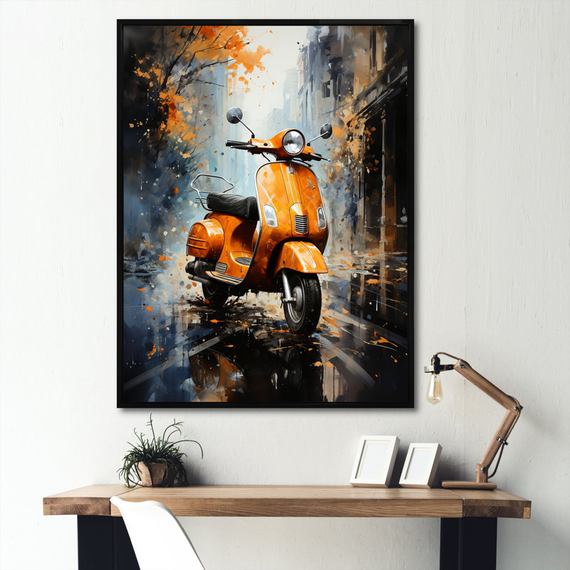 «Orange Urban Scooter Vibes» sur toile, H 20 po x l 12 po x P 1 po, Cadre flottant noir