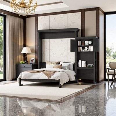 Queen Size Murphy Bed With Storage Shelves And Louvered Design, Space-Saving Furniture
